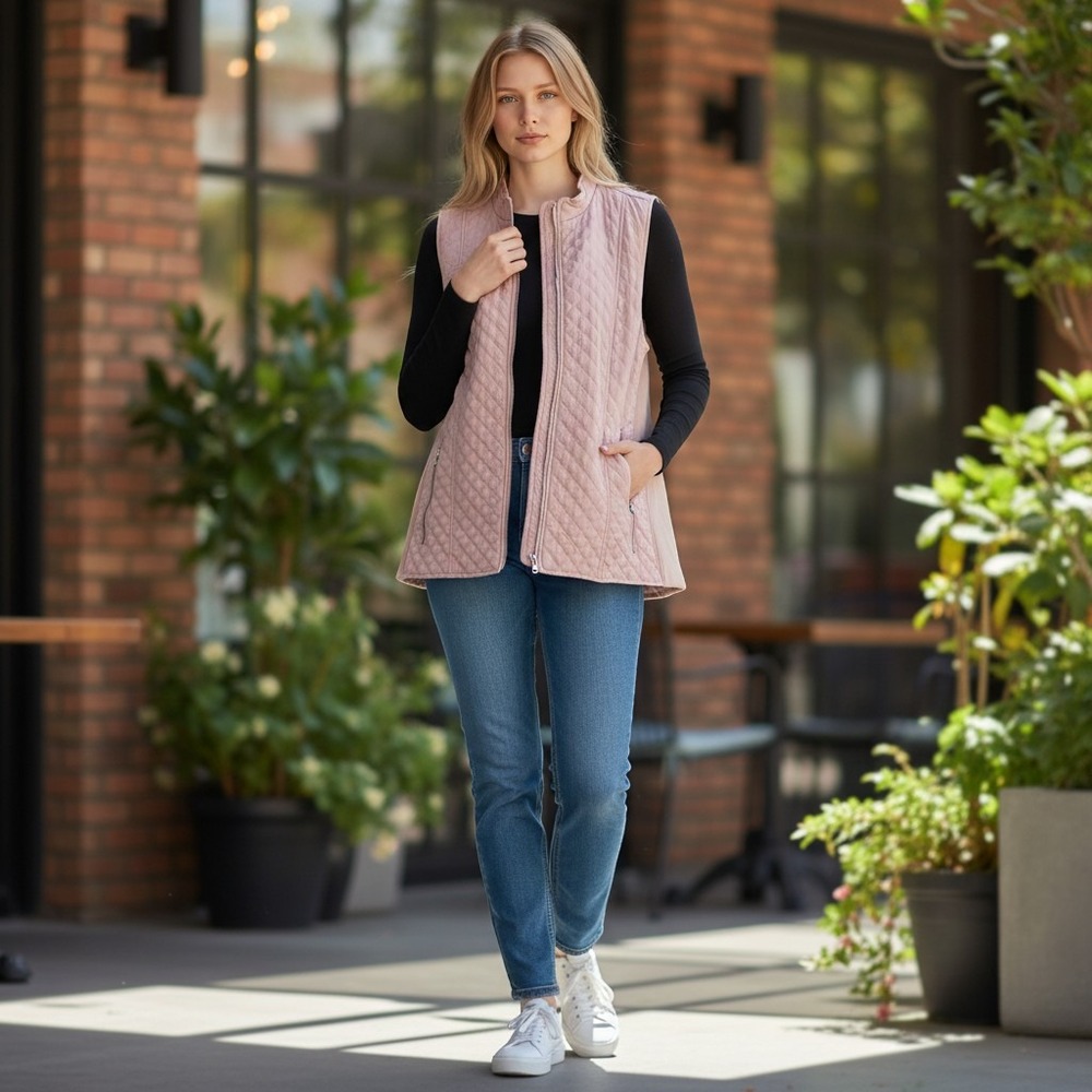 New Directions Quilted Vest Womens 2X Pink Excellent Ribbed Trim Mock Neck Zip